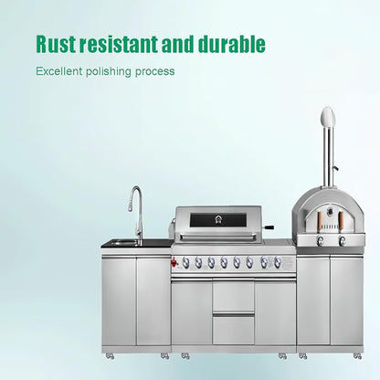 Kitchen outdoor module combination barbecue grill with gas pizza stove and sink module, stainless steel, 3-piece set