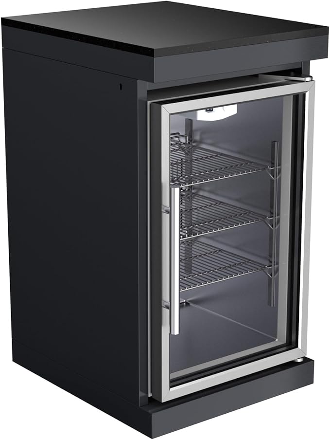 Outdoor Kitchen Island Gas Grill Barbecue Station with Refrigerator Rotisserie Side Burner Granite Countertop Storage Cabinets Drawers Faucet Sink Roof Lights Wheels Thermometer Warming Rack (Black)