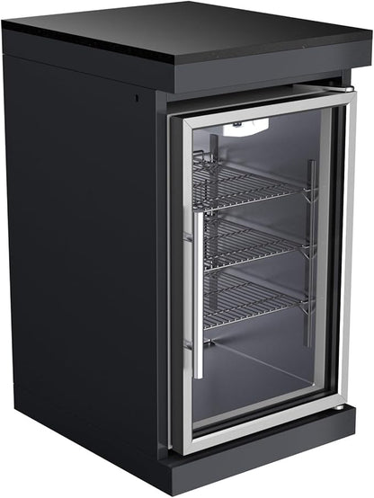 Outdoor Kitchen Island Gas Grill Barbecue Station with Refrigerator Rotisserie Side Burner Granite Countertop Storage Cabinets Drawers Faucet Sink Roof Lights Wheels Thermometer Warming Rack (Black)