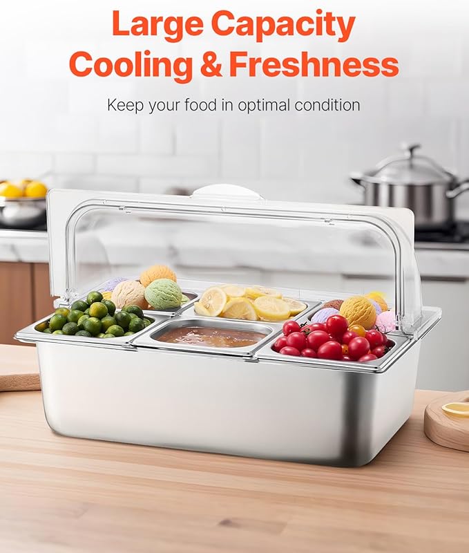 VEVOR Countertop Food Serving Display Container, 6 Pan Stainless Steel Food Serving Tray, Buffet Condiment Dispenser Display Rack with Clear Lid & 3 Freezer Boxes, for Restaurant Hotel Kitchen Party