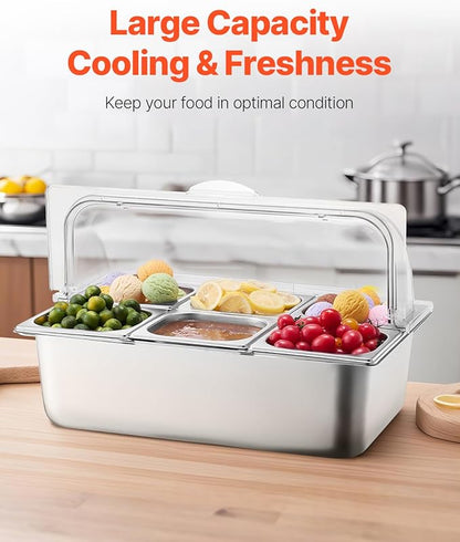 VEVOR Countertop Food Serving Display Container, 6 Pan Stainless Steel Food Serving Tray, Buffet Condiment Dispenser Display Rack with Clear Lid & 3 Freezer Boxes, for Restaurant Hotel Kitchen Party