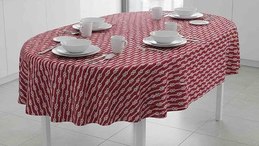 Newbridge Oval Vinyl Tablecloth with Flannel Backing, Red Nautical Rope Stripe, 60 x 84 Inch, Coastal Striped Indoor Outdoor Wipe Clean Picnic, BBQ and Dining Table Cover