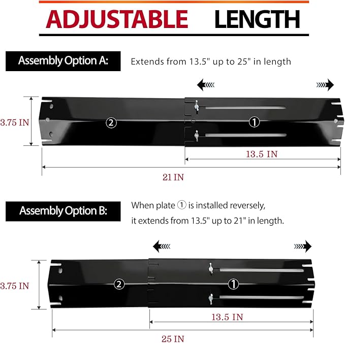 Universal Adjustable Grill Burner Covers Heat Shields Heat Plates Replacement Flame Covers Heat Tents Porcelain Steel Grill Replacement Parts Extends from 13.5" Up to 25" L (Pack of 4)