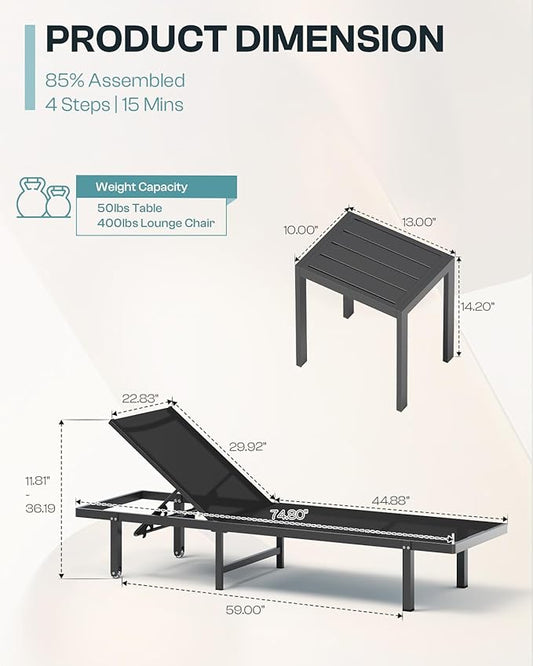 Lounge Chair Outdoor with Wheels, Aluminum Patio Chaise Lounge Chair with 5 Adjustable Backrest - Easy to Move- Pool Lounge Chairs for Deck, Beach, Poolside (Black)