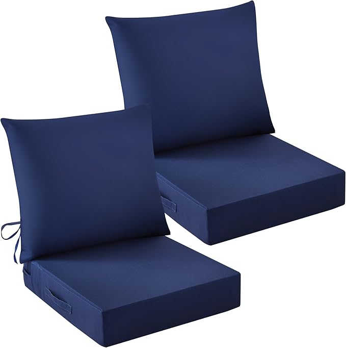 Outdoor Chair Cushions, 24 x 24 Inch Outdoor Cushion for Patio Furniture, Patio Chair Cushion, Waterproof & Fade Resistant Deep Patio Furniture Cushions Set with Handle and Ties, Navy Blue (Set of 2)