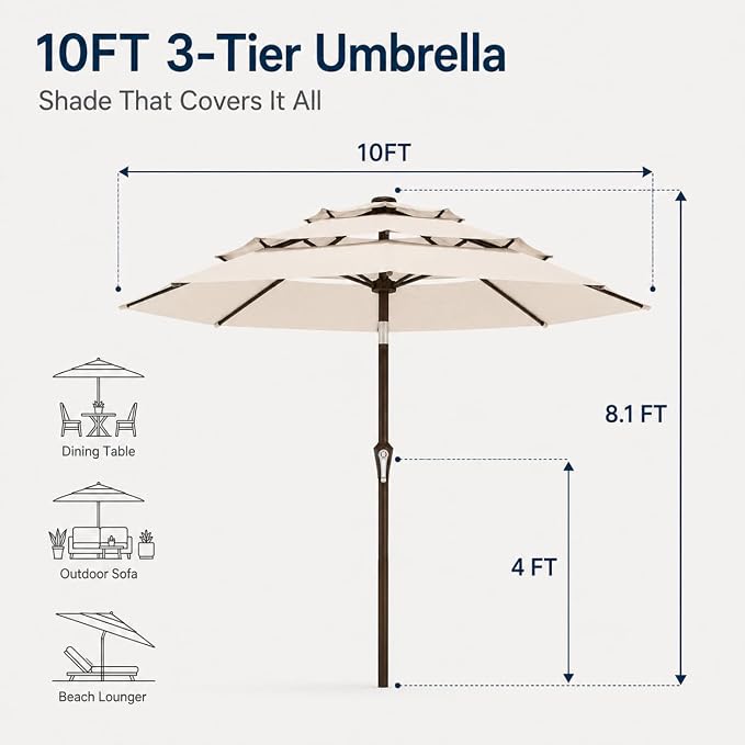10ft Patio Umbrella, 3-Tier Vented Outdoor Table Umbrella with 8 Sturdy Fiberglass Ribs, Windproof Market Umbrella with Push Button Tilt and Crank, UV Protection for Deck, Pool, Creamy White