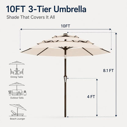 10ft Patio Umbrella, 3-Tier Vented Outdoor Table Umbrella with 8 Sturdy Fiberglass Ribs, Windproof Market Umbrella with Push Button Tilt and Crank, UV Protection for Deck, Pool, Creamy White