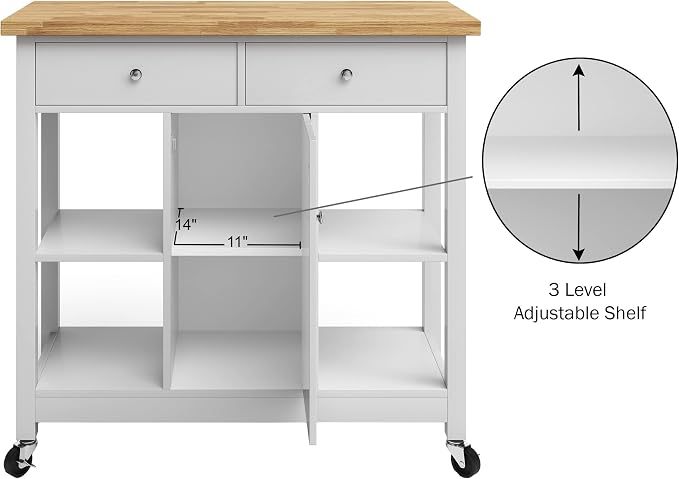 Lavish Home Mobile Kitchen Island with Spice Rack, Shelves & Cabinet, White | Rolling Cart with Drawers for Coffee Bar, Adjustable Shelves, Counter Space, Microwave Stand with Storage Shelves