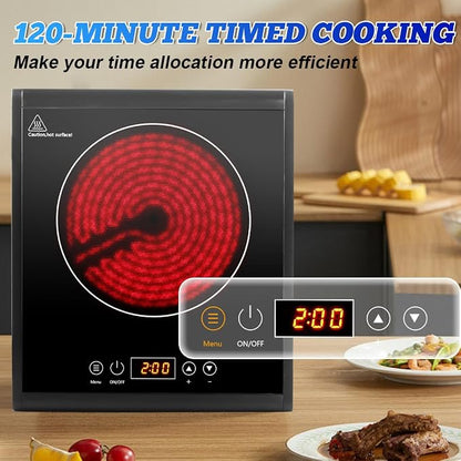 CUSIMAX Hot Plate 1500W Infrared Burner with Touch Panel, LED Display, Adjustable Power and Time 2h, Portable Electric Stove Crystal Glass Countertop Burner, Compatible with All Cookware