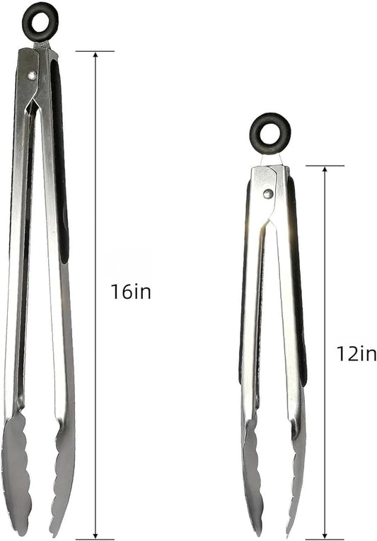 Stainless Steel Grill Tongs Set, 12" & 16" Locking BBQ Tongs, Heat Resistant Metal Food Tongs for Cooking Grilling Buffet & Kitchen
