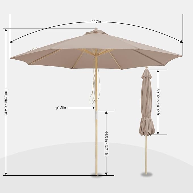 9FT/10FT Wood Patio Umbrella, Large Outdoor Table Pool Umbrella | 205G Olefin/180G Polyester Fabric, Push-Pull Operation Market Umbrella, 8 Rib Vented Canopy, Ideal for Patio, Backyard