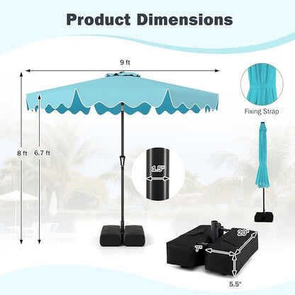 Tangkula 9 FT Patio Umbrella with Base Included, 2-Tiers Outdoor Scalloped Table Umbrella with 2 Sandbags, Tilt Adjustment, Crank, 8 Ribs for Market Backyard Pool Deck Beach Lawn