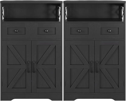 Befrases Set of 2 Black Storage Cabinet with Drawers and Shelves, Freestanding Black Kitchen Pantry, Floor Storage Cabinet Hutch Cupboard for Dining, Living Room, Home Office