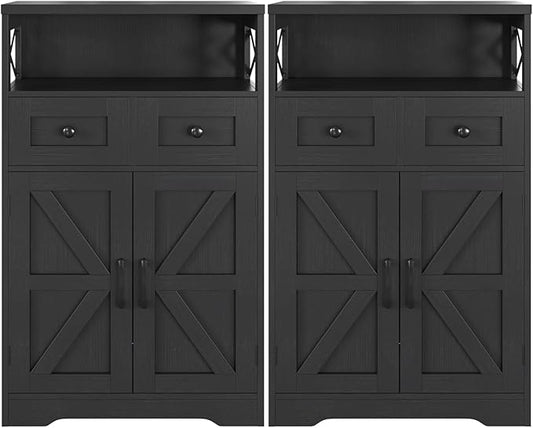 Befrases Set of 2 Black Storage Cabinet with Drawers and Shelves, Freestanding Black Kitchen Pantry, Floor Storage Cabinet Hutch Cupboard for Dining, Living Room, Home Office