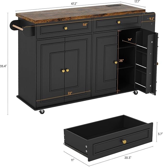 ComfyCorner 58" Rolling Kitchen Island with Storage, Island Table for Kitchen with Power Outlet, Multi-level Kitchen Islands on Wheels, Mobile Bar Cart with Spice Rack, Towel Rack, Knife Holder, Black