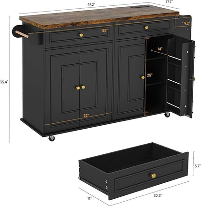 ComfyCorner 58" Rolling Kitchen Island with Storage, Island Table for Kitchen with Power Outlet, Multi-level Kitchen Islands on Wheels, Mobile Bar Cart with Spice Rack, Towel Rack, Knife Holder, Black