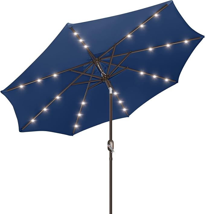 9ft Patio Umbrella with Solar Lights, Outdoor Umbrella with 24 LED Solar Umbrella Lights, Push Button Tilt & Crank Ideal for Garden, Deck, Backyard & Pool, Navy Blue
