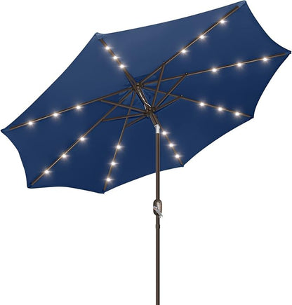9ft Patio Umbrella with Solar Lights, Outdoor Umbrella with 24 LED Solar Umbrella Lights, Push Button Tilt & Crank Ideal for Garden, Deck, Backyard & Pool, Navy Blue