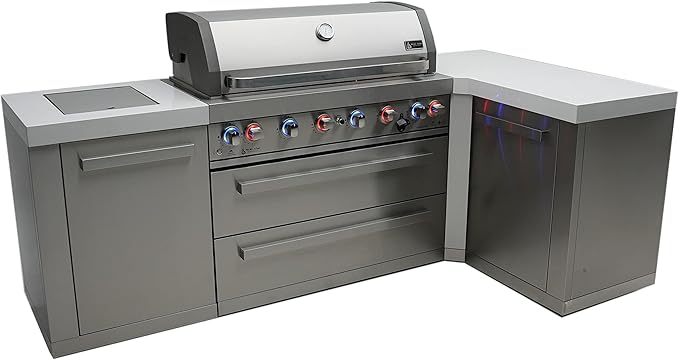 Mont Alpi 94"W x 50"D x 46"H Premium Stainless Steel L-shaped Modular Outdoor Kitchen Island with Infrared Side Burner + 44"W 6-Burner BBQ Gas Grill + Granite Countertops + Storage Cabinets + Drawers