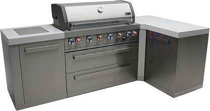 Mont Alpi 94"W x 50"D x 46"H Premium Stainless Steel L-shaped Modular Outdoor Kitchen Island with Infrared Side Burner + 44"W 6-Burner BBQ Gas Grill + Granite Countertops + Storage Cabinets + Drawers