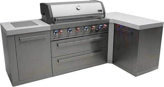 Mont Alpi 94"W x 50"D x 46"H Premium Stainless Steel L-shaped Modular Outdoor Kitchen Island with Infrared Side Burner + 44"W 6-Burner BBQ Gas Grill + Granite Countertops + Storage Cabinets + Drawers