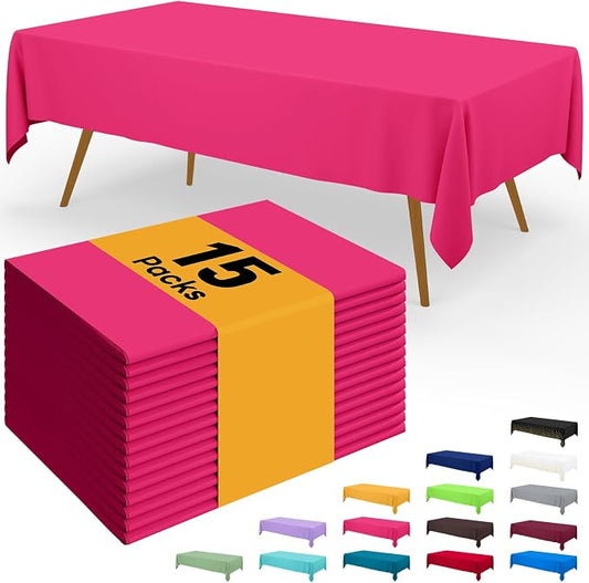 Smiry Disposable Table Cloth - 15 Pack, 54 x 108 Inch Waterproof Rectangle Tablecloths for Parties, Decorative Plastic Table Cover, Leakproof & Sturdy, Hot Pink