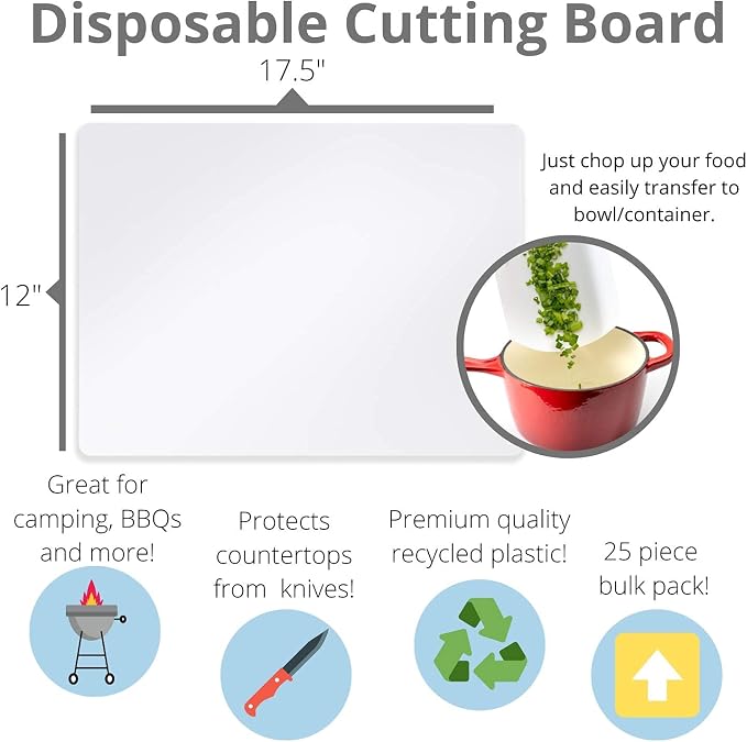 Crown Display 25 Count Premium Quality Disposable Cutting Boards ~17 Inch X 12 Inch Disposable Sheets For Kitchen And Commercial Use ~ Patent Pending ~ Recyclable Disposable Cutting Board Sheets