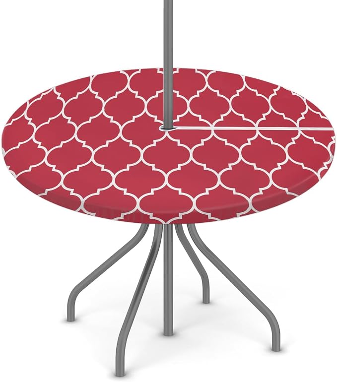 Round Tablecloth with Umbrella Hole and Zipper Moroccan Pattern Outdoor Elastic Fitted Table Cloth 36"-44" Oil-Proof Waterproof Burgundy Red Patio Table Cover for Picnic Party