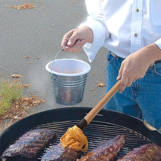 Basting Mops Brush Set for BBQ Grilling 15.5" & 11.2" - Detachable Wooden Handle Sauce Brushes with 4pcs Extra Replacement Heads & 1 Silicone Brush - BBQ Mop for Outdoor Cooking, Camping