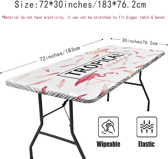Irisbell Picnic Table Cover with Elastic Edge,6FT Wind Proof Wrinkleproof Fitted Tablecloth Cover Camping Beach Patio Rectangle Table Cloth for Indoor Outdoor (Tropical Flamingo, 30'' x 72'')