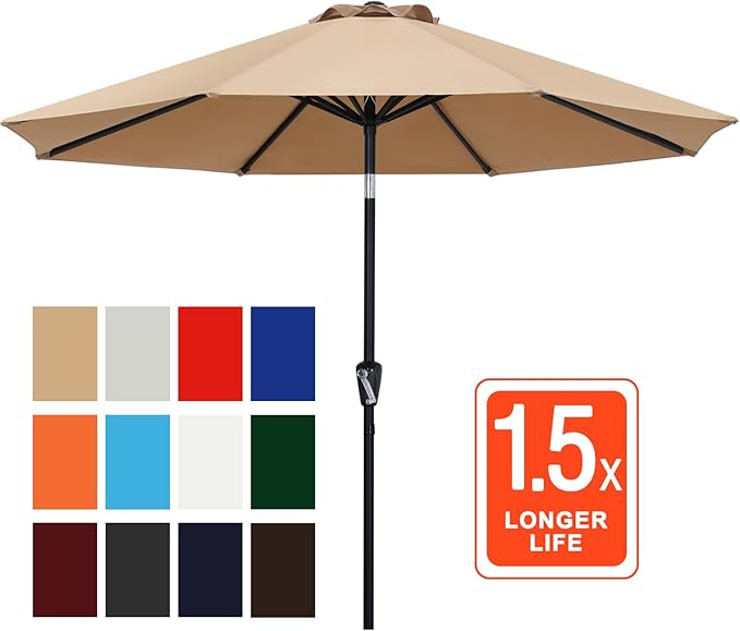 ABCCANOPY 10FT Patio Umbrella, Waterproof Table Umbrella with Push Button Tilt and Crank, 8 Ribs UV Protection Pool Umbrella for Garden, Lawn, Deck & Backyard (Khaki)