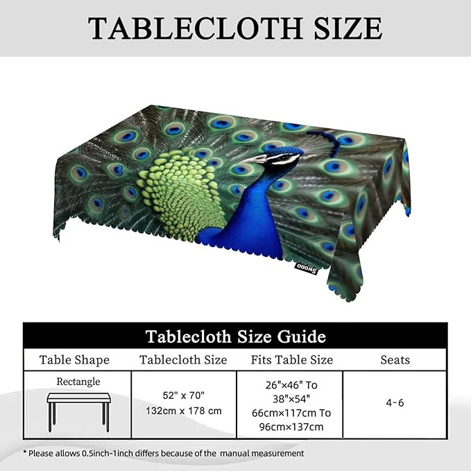 Swono Peacock Table Cloth Rectangle Tables Beautiful Bird Peacock Feathers Kitchen Table Cover Oblong 52"X70" Tablecloth for Dining Table Buffet Parties Patio and Camping, Green