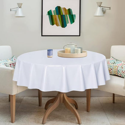 sancua 100% Waterproof Vinyl Tablecloth Table Cloth 60 Inch Round, White | Oil Spill Proof, PVC Material, Wipe Clean Table Cover for Dining Tables, Buffet Parties and Camping