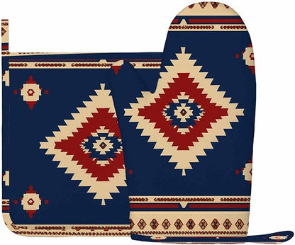 Mxocom Southwest Diamond Blue Red Heat-Resistant Oven Mitts and Pot Holder Indian Style on Blue and Red Background Kitchen Non-Slip Cooking Microwave Gloves for Cooking Baking Grilling