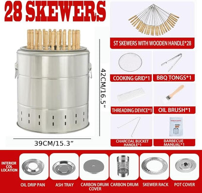 Smokeless Barbecue Hanging Grill With 28 Skewers Stainless Steel Charcoal BBQ Stove Charcoal Braised Grill Barrel Large Capacity Portable 360° All Round Roasting Oven (42cm*39cm (16.5''x15.4''))