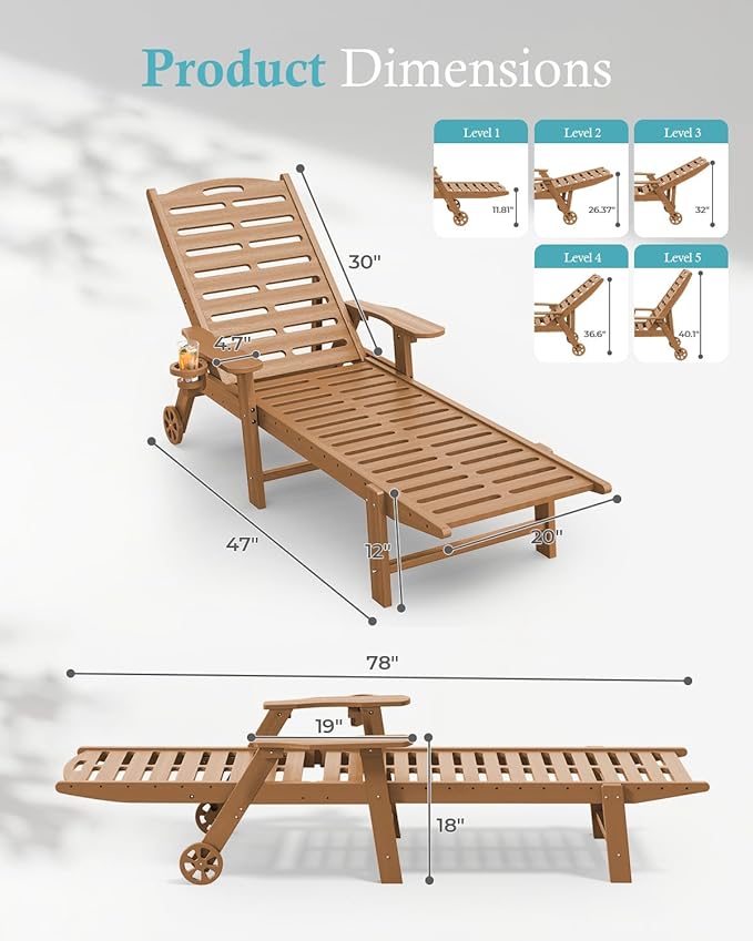 Ciokea Heavy Duty HDPE Chaise Lounge Chairs Outdoor Set of 4, 5-Position Adjustable Patio Sun Loungers with Wheels & Cup Holder, Outdoor Furniture Set for Poolside, Deck, Backyard, Teak