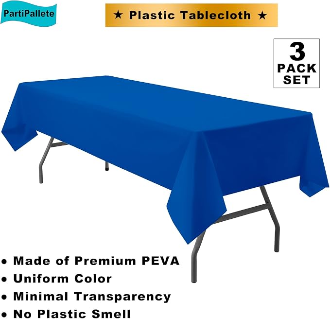 3-Pack Premium Plastic Dark Royal Blue Tablecloth Disposable 54" x 108" Rectangle Table Cover PEVA Party Sapphire Ocean Blue Table Cloths for Parties Birthday Wedding Picnic Banquet