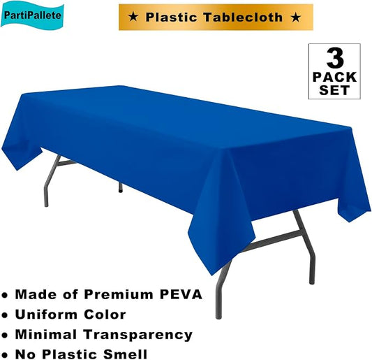 3-Pack Premium Plastic Dark Royal Blue Tablecloth Disposable 54" x 108" Rectangle Table Cover PEVA Party Sapphire Ocean Blue Table Cloths for Parties Birthday Wedding Picnic Banquet