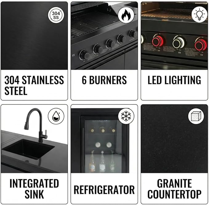 Deluxe 84 inch × 23 inch 6 Burner 75300 BTU Outdoor BBQ Grill Island with Stainless Steel Sink, Wine Cooler, Refrigerator & Granite Countertops,Propane or Natural Gas