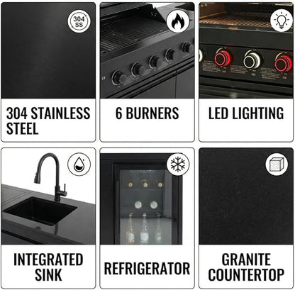 Deluxe 84 inch × 23 inch 6 Burner 75300 BTU Outdoor BBQ Grill Island with Stainless Steel Sink, Wine Cooler, Refrigerator & Granite Countertops,Propane or Natural Gas