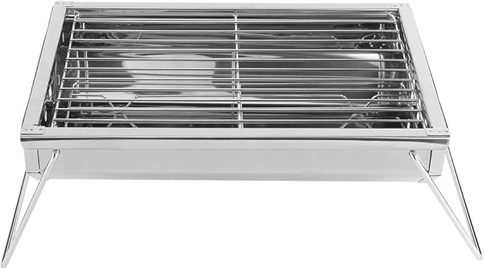 Folding Charcoal Grill Stainless Steel BBQ Tool for BBQs, Picnics, and Camping, Easy to Assemble and Clean, Outdoor Cooking Grill for Burgers, Fish, 13.1x8.9x3.1in, Silver