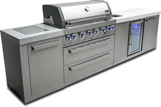 Mont Alpi Premium 132"W x 23"D Stainless Steel Modular Outdoor Kitchen Island + Beverage Center Faucet & Sink & Refrigerator + 44"W 6-Burner BBQ Gas Grill & Side Burner + Storage Cabinets & Drawers