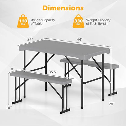 GIANTEX Folding Picnic Table Set w/ 2 Benches, 44" HDPE, Gray | Foldable Table & Chairs, All Weather Resistant, Space-Saving & Portable for Camping Party Dining BBQ, Large Weight Capacity