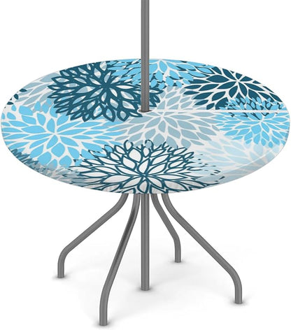 Round Tablecloth with Umbrella Hole and Zipper Elastic Fitted Table Cloth 36"-44" Oil-Proof Waterproof Chrysanthemum Patio Table Cover for Outdoor Dining Picnic Party, Spring Summer Blue Floral