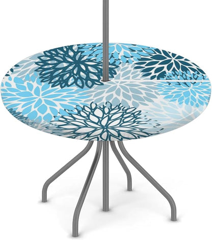 Round Tablecloth with Umbrella Hole and Zipper Elastic Fitted Table Cloth 45"-56" Oil-Proof Waterproof Patio Table Cover for Outdoor Dining Picnic Party, Spring Summer Blue Floral