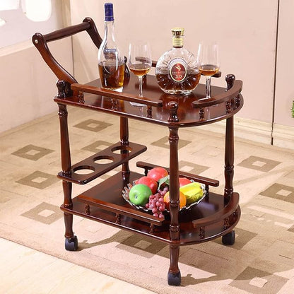 Entertainment Kitchen Cart, Midcentury Modern Imported rubberwood Brown Finished Wood 2-Tier Mobile Bar Cart Serving Cart