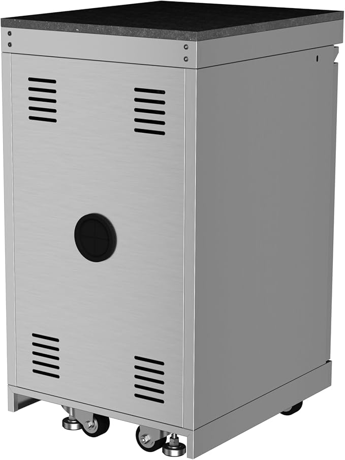 Stainless Steel Outdoor Kitchen Storage Cabinet with Granite Countertop, Modular BBQ Island Drawer Alternative, Reversible Door, Locking Caster Wheels for Patio Grill Station Appliance Prep (Silver)