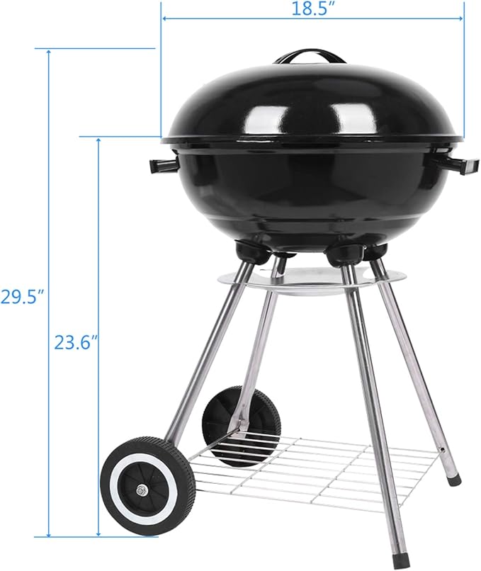 18“ Charcoal Grill with Wheels for Outdoor Cooking Barbecue Camping BBQ Coal Kettle Grill Tailgating Portable Heavy Duty Round with Thickened Grilling Bowl Wheels, black