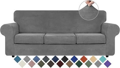 WEERRW 4 Pieces Couch Cover for Sofa Velvet Sofa Cover Washable, Light Grey | Sofa Covers for 3 Cushion Couch Furniture Protector Sofa Slipcovers with Non Slip Elastic Bottom, Pet Friendly, Large