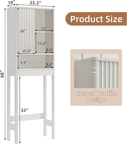LEYAOYAO Fluted Over The Toilet Storage Cabinet, Farmhouse Over Toilet Bathroom Organizer with a Sliding Door, 68" Tall Freestanding Washer Shelf with Adjustable Shelf & Curved Profile,White